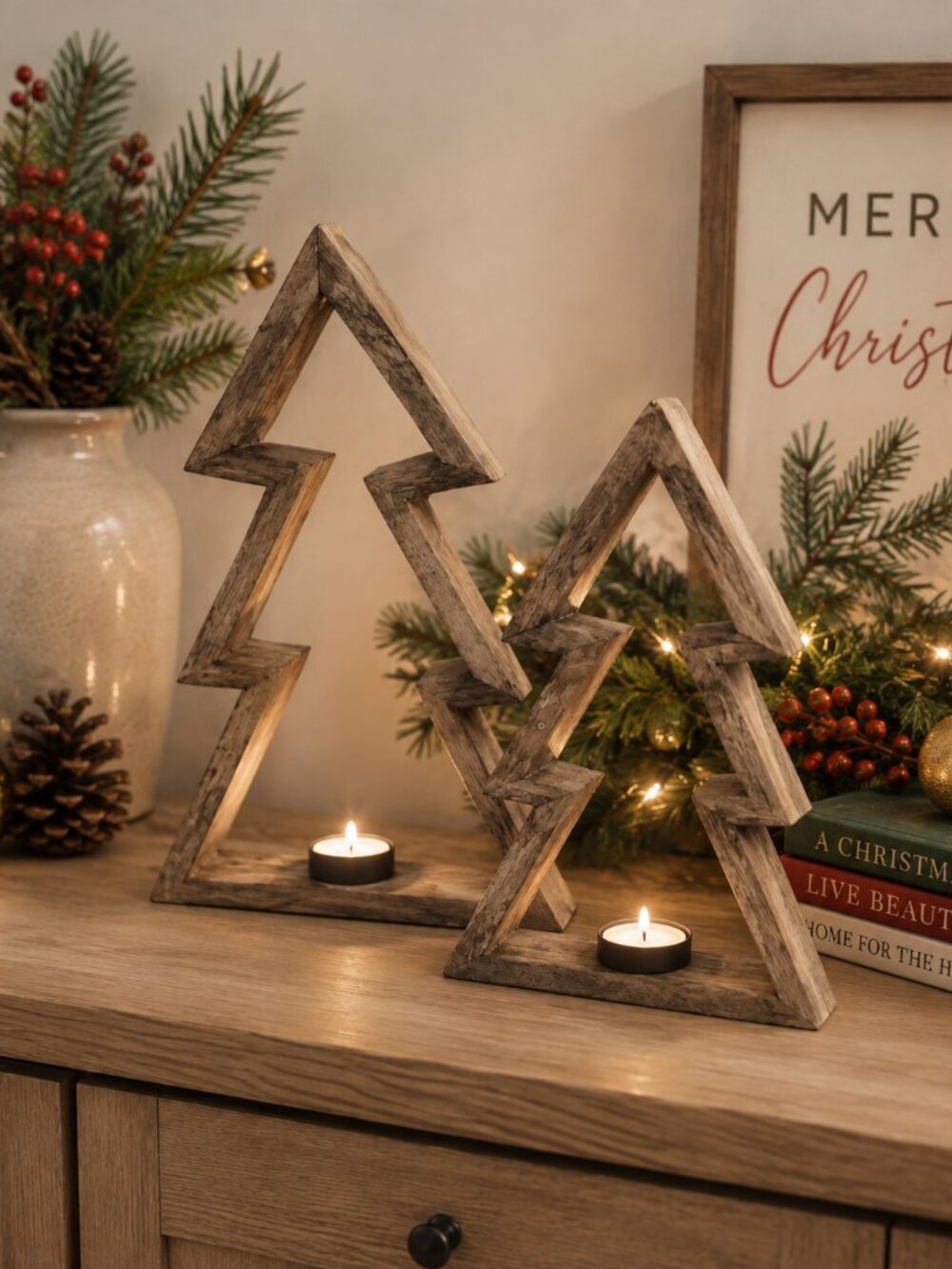 Wood Christmas Tree Tea Light Candle Holders Set of 2 Rustic Holiday Decor NWT